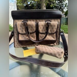 Dooney & Bourke Brown Leather/Canvas Logo Double Pocket Tote w/Crossbody strap
